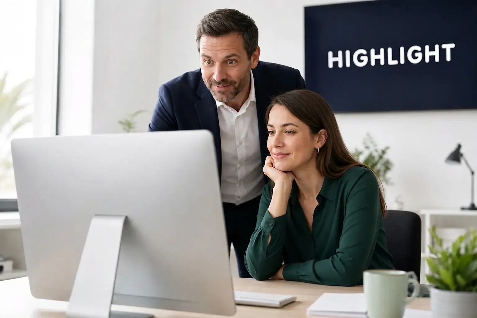 Une salariée et son directeur regardent l'écran de leur poste de travail dans un bureau lumineux, sous le logo HIGHLIGHT.